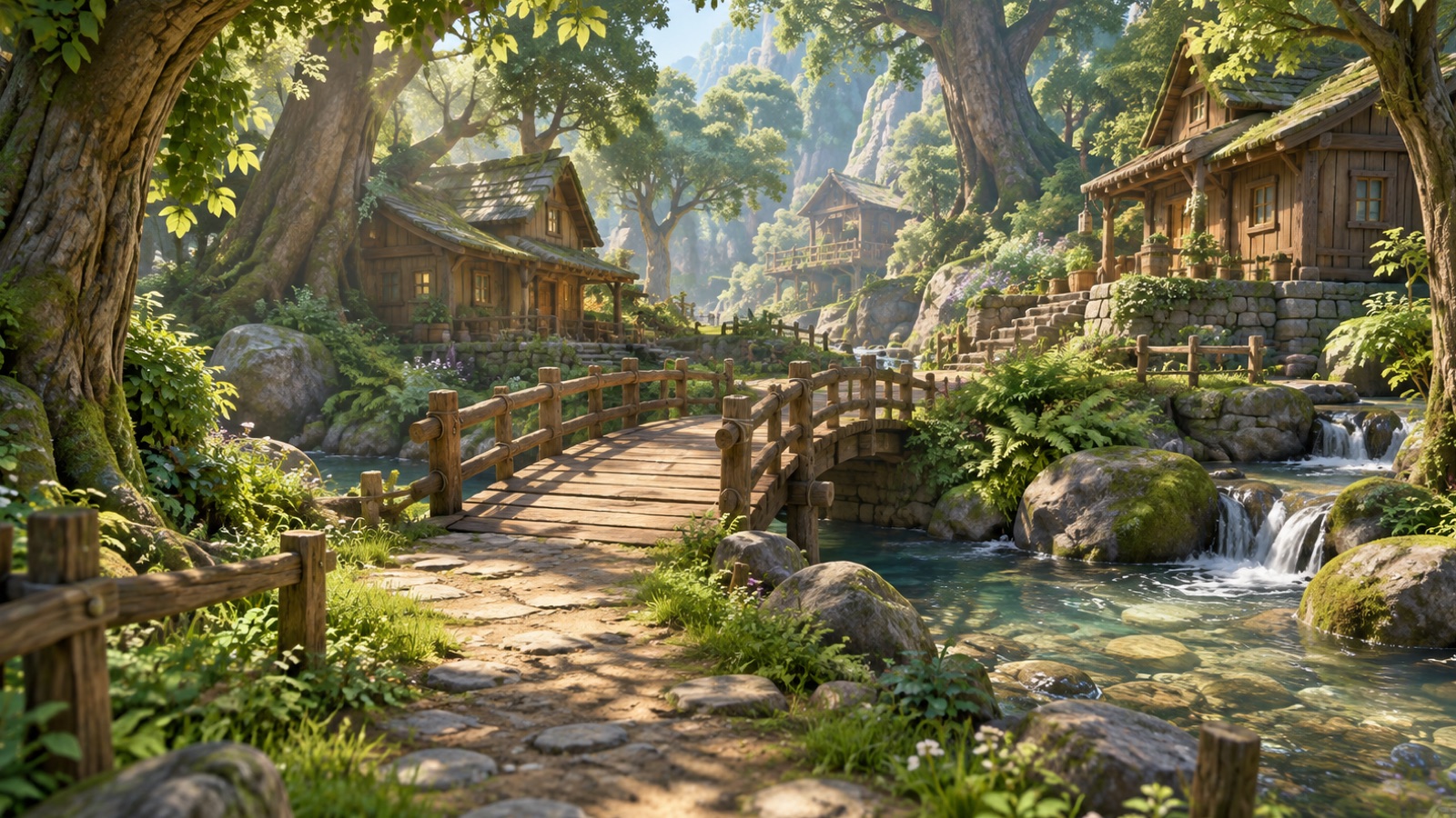 3DCGアニメ風背景 森の中の村