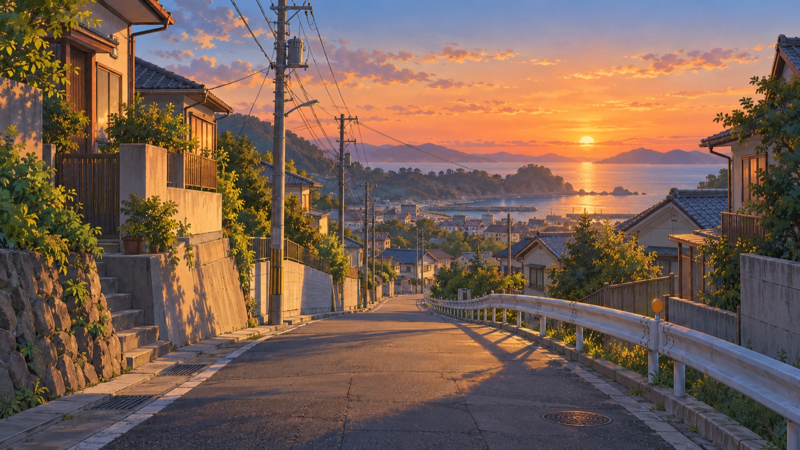 2Dアニメ風背景 夕方の通学路
